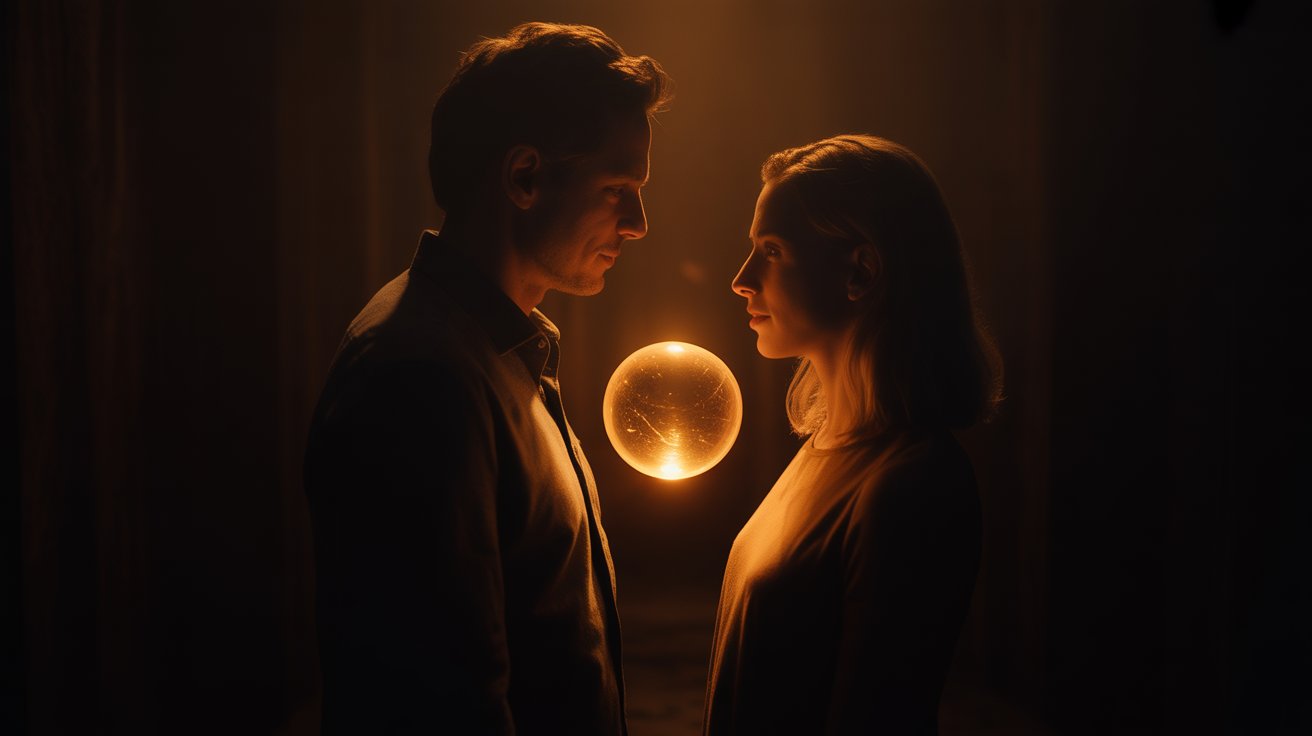 Kommunikationsprobleme lösen - Mann und Frau mit leuchtendem Wir-Symbol, Münchner Schreibwerkstatt