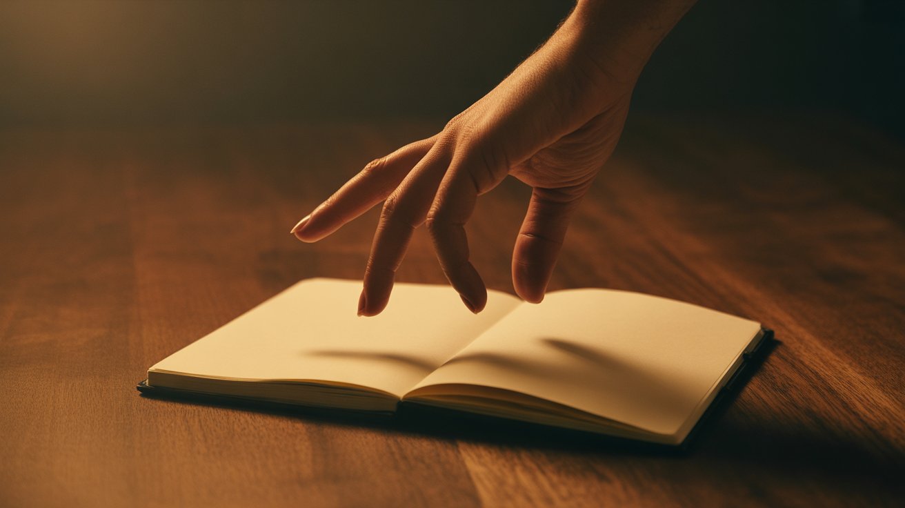 Schreibstil verbessern – Hand über Notizbuch im Kerzenlicht, Münchner Schreibwerkstatt